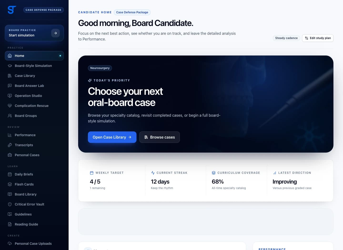 SurgiTest candidate dashboard showing the complete preparation navigation, today's priority, weekly practice, and performance preview
